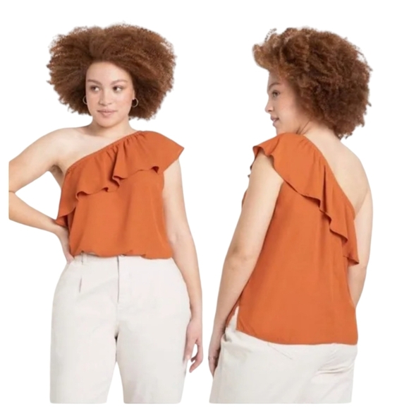NEW ELOQUII Women Plus Size Brown One Shoulder Ruffle Top Sz 22 Academia Peasant - Picture 1 of 12